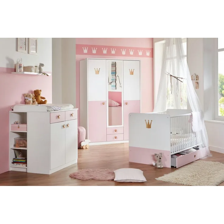 Babyzimmer Cindy Kinderzimmer Komplett Set in Weiß und Rosé in verschiedenen Varianten wählbar - 7 teilig , 3 türiger Kleiderschrank + Babybett + Wickelkommode + Umbauseiten + Bettschubkasten + Seitenregal + Wandboard