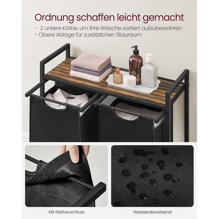 VASAGLE Wäschekorb 2 Fächer, Wäschesammler mit Ablage, Wäschebox, Wäschesack aus Oxford-Gewebe ausziehbar abnehmbar, Metallrahmen, 2 x 46 L, 73 x 33 x 72 cm, vintagebraun-schwarz BLH201B01 – Bild 3
