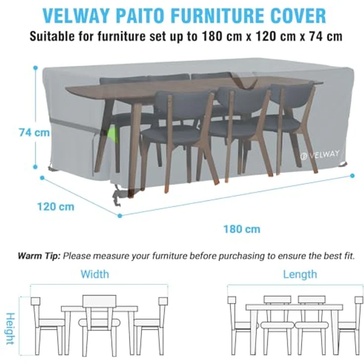 Velway Abdeckung Gartenmöbel Wasserdicht 180 x 120 x 74 cm - Rechteckig Schutzhülle Winddicht Loungemöbel Abdeckung Abdeckhauben für Gartentische Sitzgruppe Terrassenmöbel - Grau – Bild 7