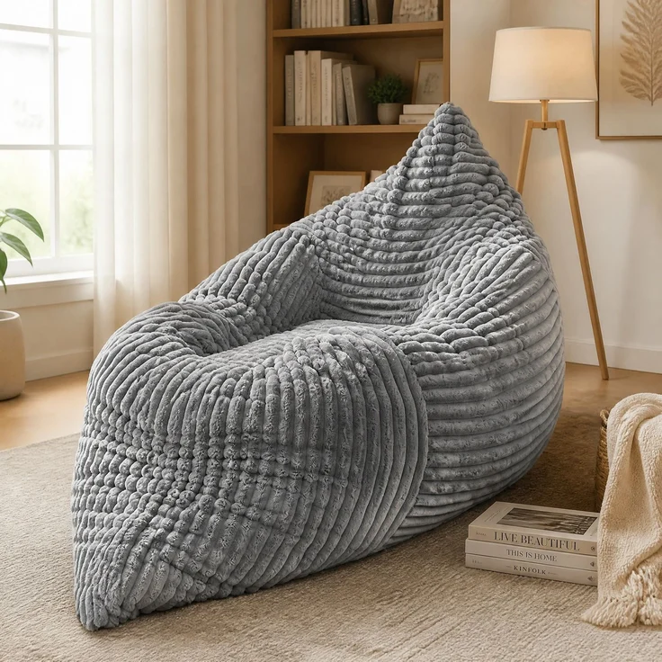 Sitzsack aus Cord, 3-in-1 als Sessel, Sofa und Liegefläche, 208cm×125cm×42cm, Hellgrau – Bild 1