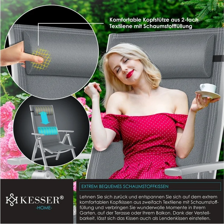 KESSER® Gartenstuhl Hochlehner mit Armlehnen | Aluminium Klappstuhl inkl. Kopfkissen Campingstuhl 7-Fach Verstellbar Rückenlehne | Atmungsaktiv & Wetterfest | Klappbar & Anti-Rutsch Hellgrau, 1 Stück – Bild 4
