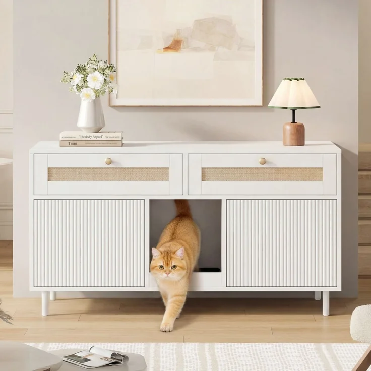 Katzentoilettenschrank mit Katzenstreufangmatte, Katzenstreuschrank, Haustierschrank mit Rattanschublade, Haustier-Sideboard/TV-Schrank, ohne Katzenstreu-Box, Weiß, 120x50x65 cm – Bild 3