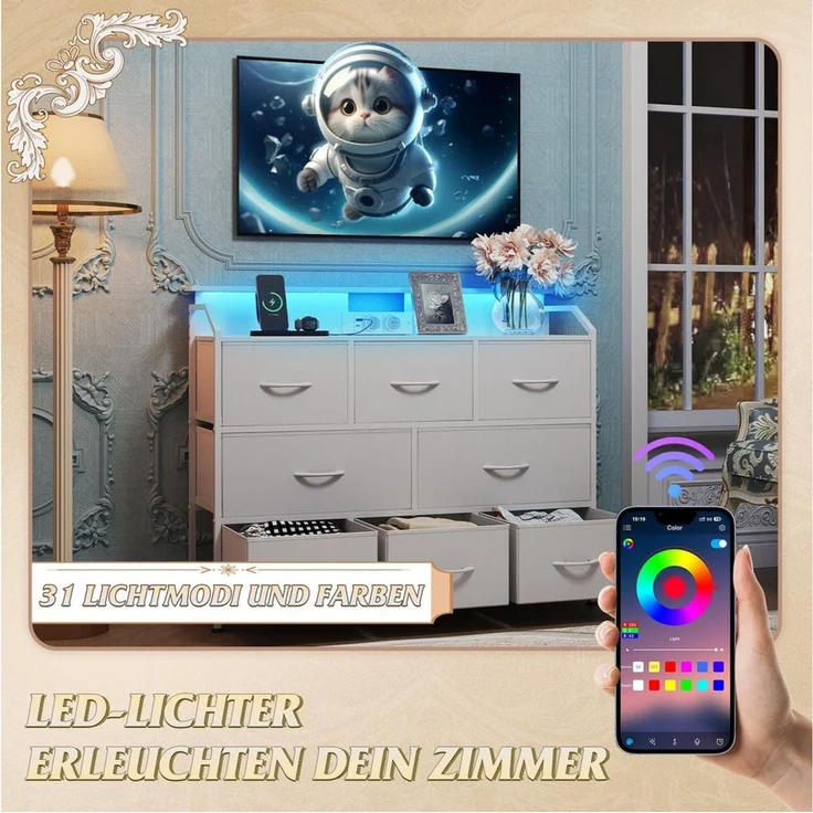 WLIVE Kommode mit 8 Stoffschubladen, LED-Beleuchtung und Ladestation (Aufbewahrungsschrank mit Holzplatte und Metallgestell, Aufbewahrungsschrank mit Holzplatte und Metallgestell), Schlafzimmerkommode für Wohnzimmer, Flur und Schlafzimmer – Bild 3