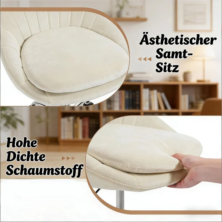 Bürostuhl 52 x 72–82 x 52 cm aus Samt und Metall, höhenverstellbar, drehbar, beige, 1 St. – Bild 4