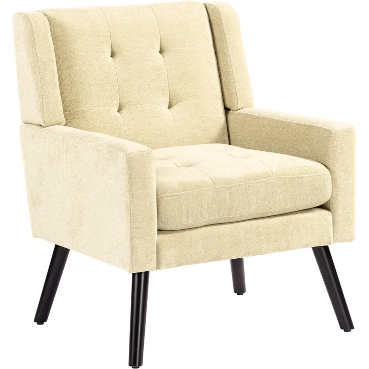 LVHOM Sessel aus Leinenstoff mit Knopfsteppung, Relaxsessel mit Massivholzbeinen, Polstersessel für Wohnzimmer & Büro, bis 130kg, Beige – Bild 1