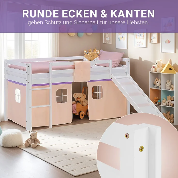 Hochbett Kinder 90x200 cm mit Rutsche Kinderbett Kinderhochbett Stockbett Vorhang Lila Peach Leiter Holz Massiv – Bild 7