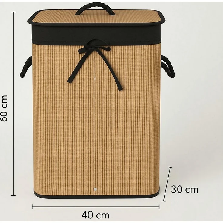 Koopman Wäschekorb Wäschebehälter Wäschesammler Korb Bambus Faltkorb Badezimmer (1 St), Braun / Schwarz, Faltbar, 60x40x30cm, mit Deckel, Dekorativ – Bild 2