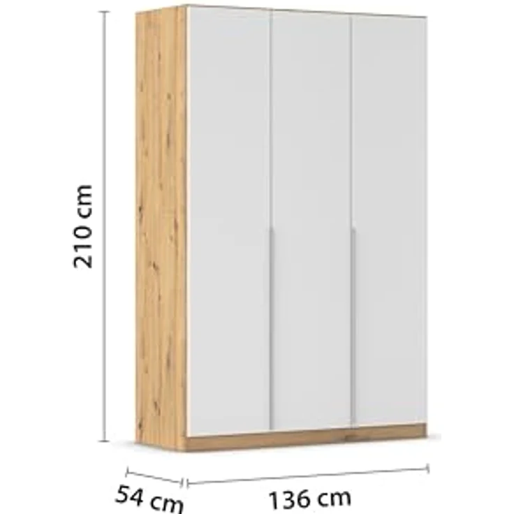 Rauch Möbel Alabama, Kleiderschrank für Schlafzimmer, Kinderzimmer, Wohnzimmer, Garderobe, Flur, 3-türig, mit Zubehör Classic, Farbe Weiß/Eiche Artisan, Holz, Breite 136 cm – Bild 3