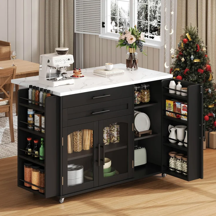 Merax 138cm Mobiler Kücheninsel mit klappbarem Arbeitsbereich, Küchenwagen, 5 Rädern, mehreren Aufbewahrungslösungen, Gewürzregal, Besteckschublade, Schwarz – Bild 1