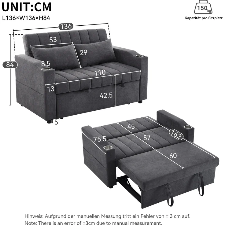 Multifunktions Schlafsofa mit 3-fach Rückenlehne & Getränkehalter, Baumwoll-Leinen, 136x162x84 cm, Grau – Bild 10