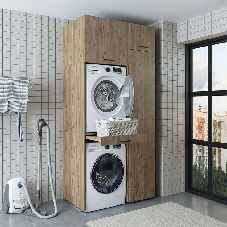 Roomart Waschmaschinenschrank - SERIE DUO-I- 112 cm breit – Waschmaschinenüberbau für Trockner, Waschturm-Schrank • Eiche – Bild 1