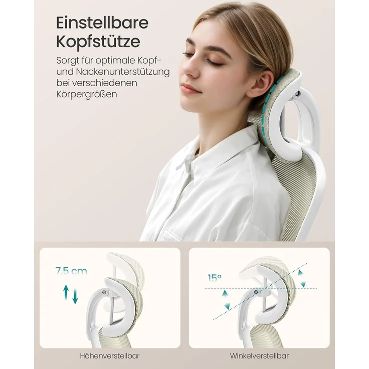 SONGMICS Bürostuhl ergonomisch, Schreibtischstuhl, Drehstuhl mit Mesh, gepolsterte Lendenstütze, Wippfunktion, 53 cm große Sitzfläche, klappbare Armlehnen, Kopfstütze, cappuccinobeige OBN047K01 – Bild 5