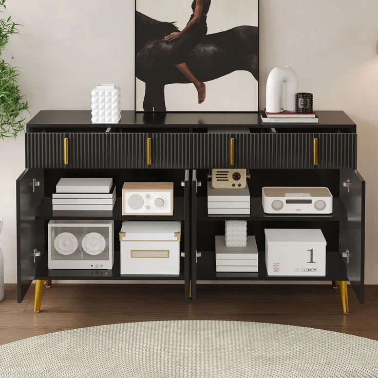 Sideboard 140 x 38 x 82 cm aus MDF, Schwarz mit goldfarbenen Akzenten – Bild 1