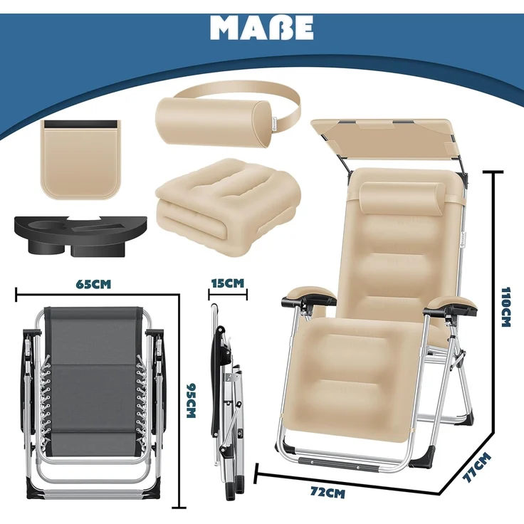 KESSER® Sonnenliege Liegestuhl, klappbare XXL Gartenliege Wetterfest, Belastbar 200kg, Ergonomisches Polster verstellbare Rückenlehne inkl. Nackenkissen Getränkehalter & Armpolster, mit Dach Beige – Bild 2