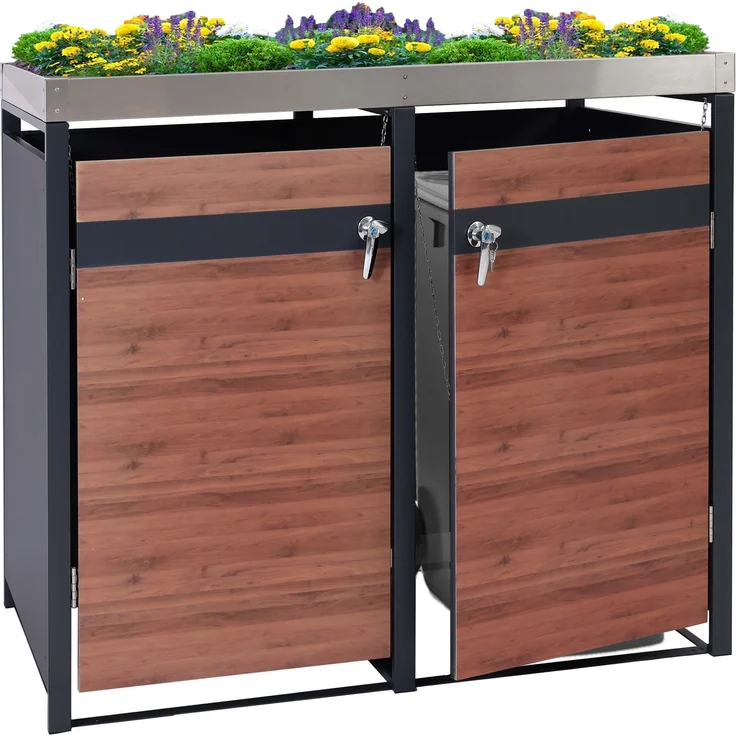 2er Mülltonnenverkleidung mit Pflanzkasten HWC-J82, erweiterbar, Metall 59kg, anthrazit ~ Kirsche-Holzoptik dunkelbraun – Bild 1