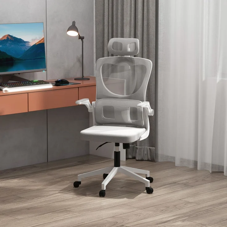 MELAYR, Bürostuhl, höhenverstellbar, verstellbare Kopfstütze, bis 120 kg, 60x59x114-122 cm, Grau – Bild 4