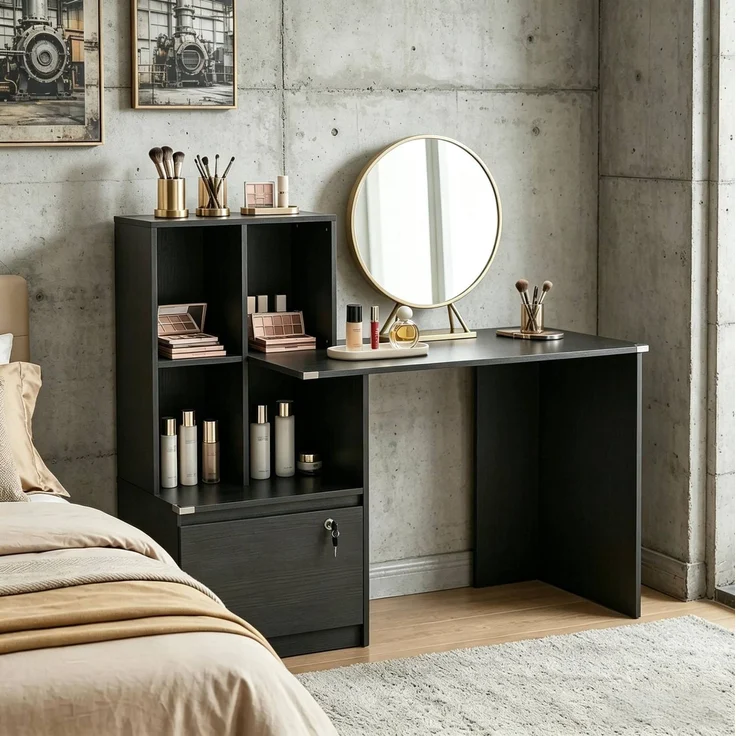 Computerschreibtisch 126x50x109 cm mit 4 Fächern und abschließbarer Schublade, Schwarz – Bild 1