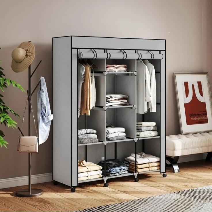 Stoffschrank 125x43x162,5 cm mit 8 Regalen und 2 Kleiderstangen – hellgrauer Faltschrank – Bild 3