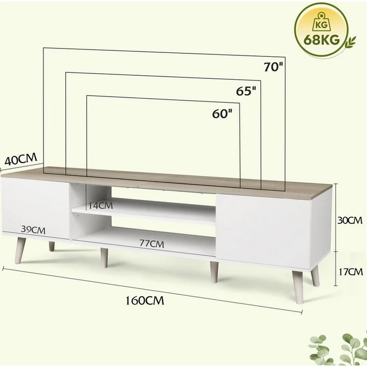 WLIVE TV-Schrank Lowboard mit 2 Türen, Fernsehschrank für Fernseher bis zu 55/60 Zoll, (Packung, 160 cm lang) verstellbare Ablagen, für Wohnzimmer, Schlafzimmer – Bild 2