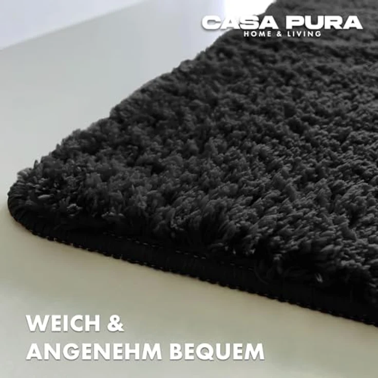casa pura Badematte Schwarz, Flauschiger Badezimmerteppich in Shaggy Optik, Rutschfest und Waschbar, Mikrofaser, 50x80cm, Sky Soft – Bild 2