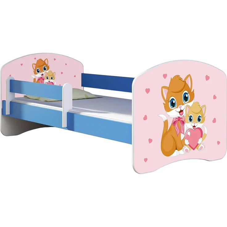 ACMA Kinderbett Jugendbett mit Einer Schublade und Matratze Blau mit Rausfallschutz Lattenrost II 140x70 160x80 180x80 (33 Miezekatzen, 180x80) – Bild 1