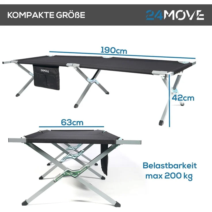 24Move Feldbett Feldbett, Gartenliege, Campingbett bis 180 kg, klappbar, zelten (schwarz, wasserabweisend, inkl. Seitentasche, 190 cm x 63 cm x 42 cm, inkl. Tragetasche für einfachen Transport) – Bild 3