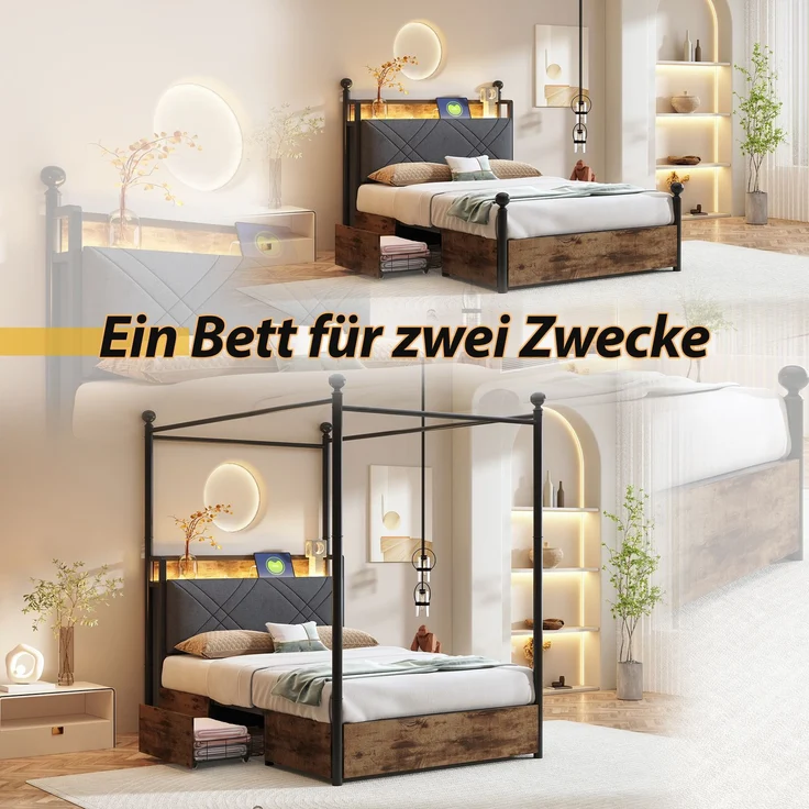 Himmelbett mit LED, USB-Anschluss & gepolstertem Kopfteil, 90x190 cm, Schwarz, ohne Matratze – Bild 10
