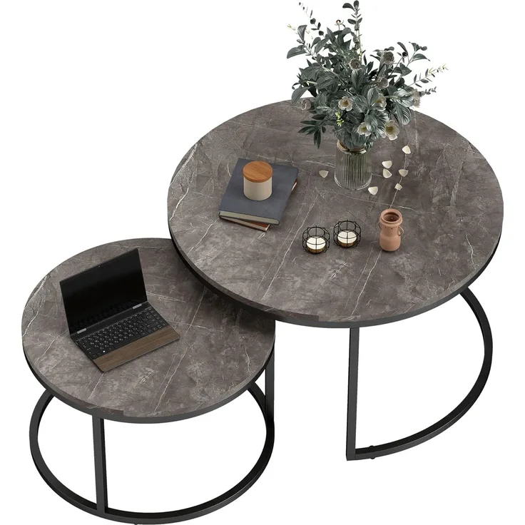 HOMCOM Couchtisch Beistelltisch mit Metallgestell, Stapelbar (Wohnzimmertisch, 2-St, Kaffeetisch), für Wohnzimmer, Schlafzimmer, Balkon Grau