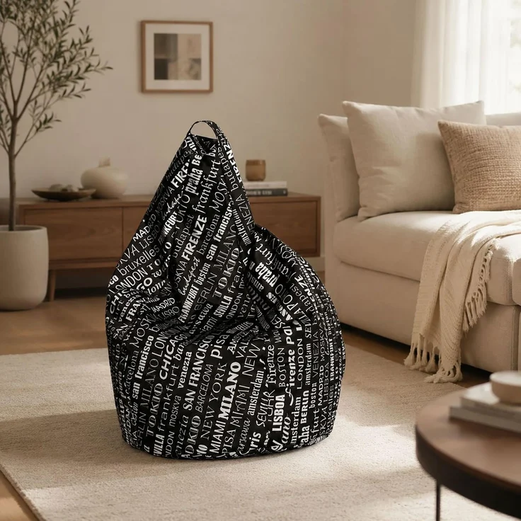 Dmora Sitzsack mit Schriftzug Fantasy, schwarz-weiß, Maße 80 x 120 x 80 cm