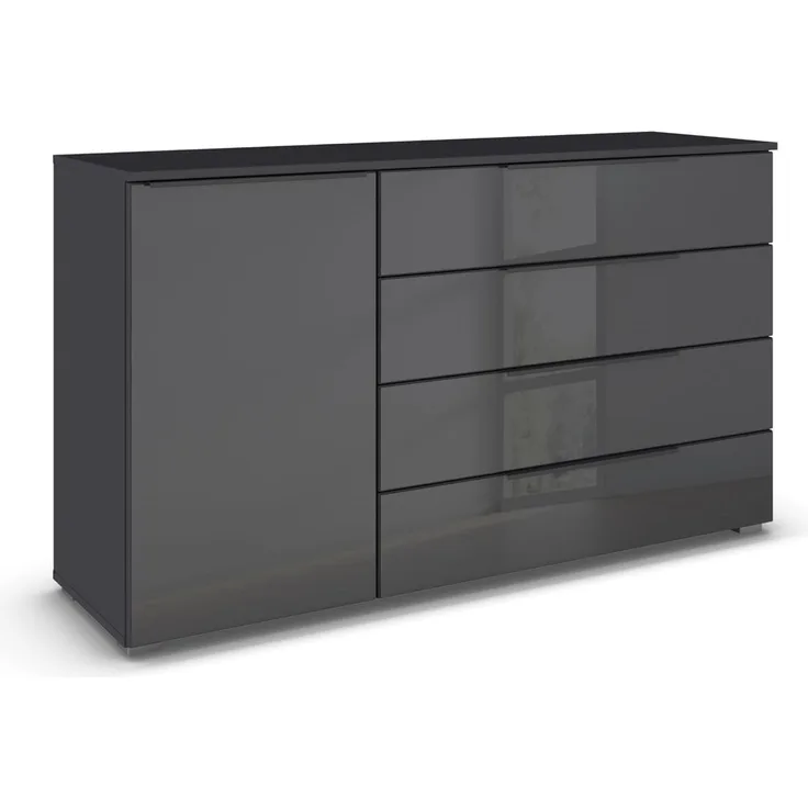 Rauch Möbel Monostar, Kommode, Kommode Schlafzimmer, Kommode, Schubladenkommode, 1-türig, Anschlag links, 1 Glastüre, 4 Schubkästen, mit Glasfront, Farbe Glas basalt/Grau metallic, 140 x 81 x 42 cm