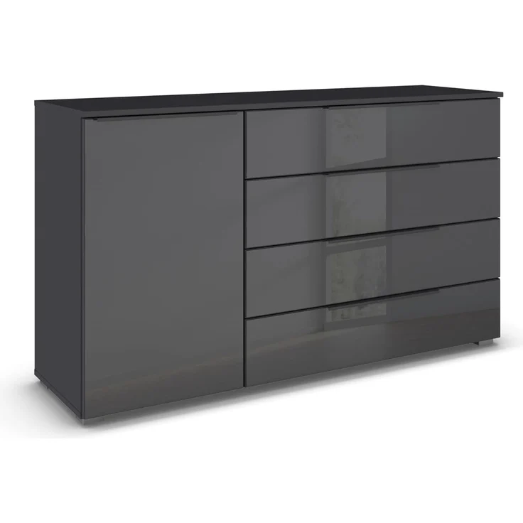 Rauch Möbel Monostar, Kommode, Kommode Schlafzimmer, Kommode, Schubladenkommode, 1-türig, Anschlag links, 1 Glastüre, 4 Schubkästen, mit Glasfront, Farbe Glas basalt/Grau metallic, 140 x 81 x 42 cm