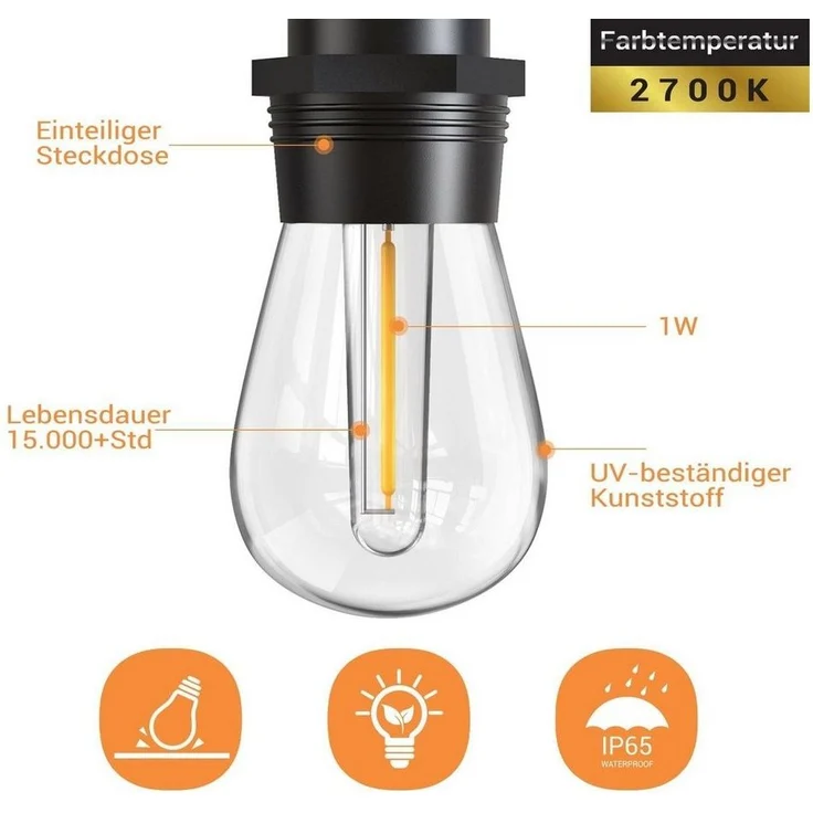 Elegear Lichterkette LED Lichterkette Outdoor 16/31m Balkonlampen Gartenlampen erweiterbare, Lichterketten mit Steckdosen für Balkon Party Halloween Weihnachtsdeko – Bild 2
