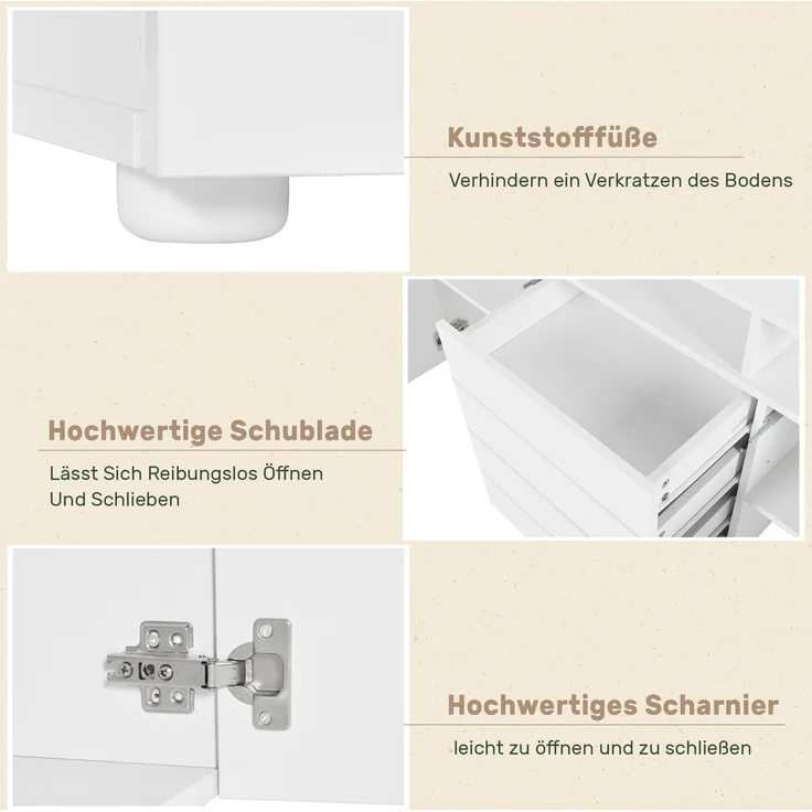 Sideboard Kommode aus Spanplatte mit LED-Beleuchtung, 4 Schubladen & 2 Push-to-Open-Türen, 160x35x70 cm, Weiß – Bild 7