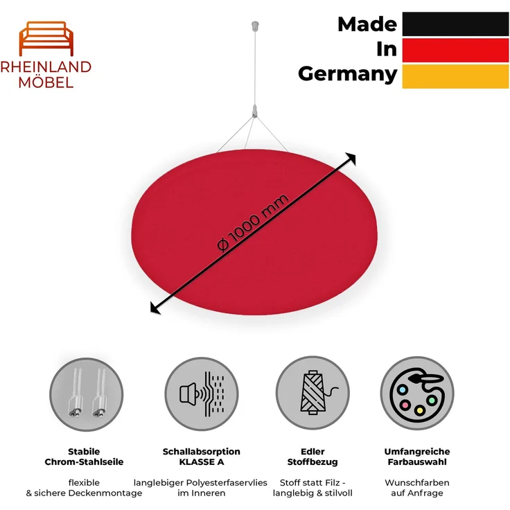 Rheinland Möbel FocusWall DAR10 – Runder Akustik-Deckenabsorber Ø 100 cm in Stofffarbe Belize inkl. Chrom-Stahlseilen - Made in Germany - Klasse A, Stoffbezug, schwer entflammbar – Bild 2