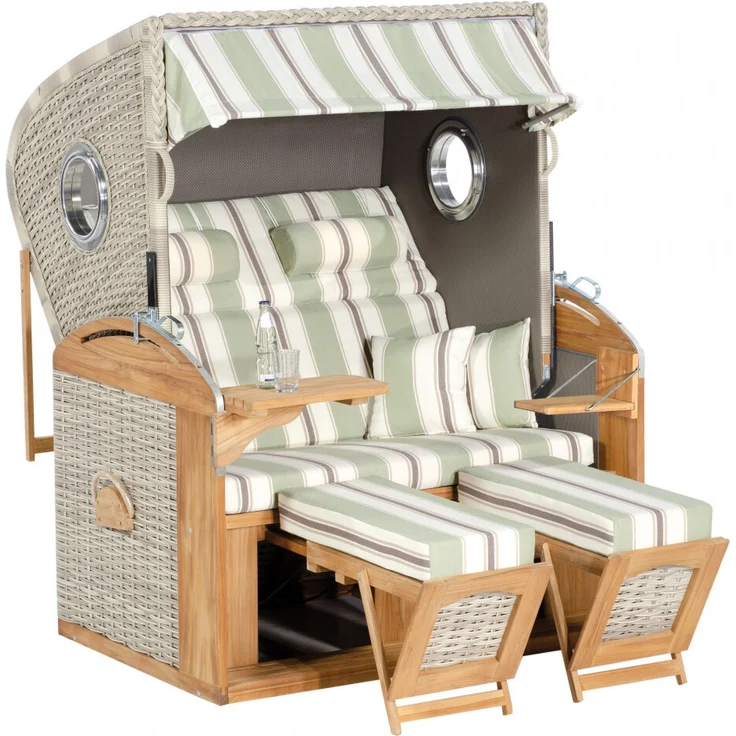 Sonnenpartner Strandkorb Rustikal 305 Z Bullauge Teak Comfort XL Stoff Nr. 1227, 2-Sitzer XL, Liegem – Bild 2