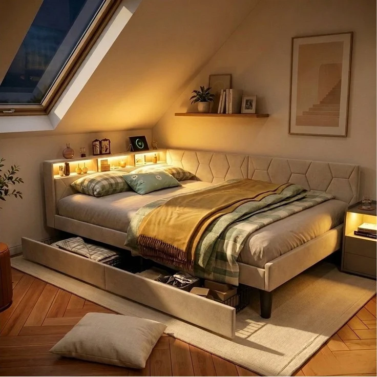PXloue Polsterbett Daybett Tagesbett Ausziehbett (LED) (Samtstoff) (1-tlg, LED-Beleuchtung, Ladestation, in 2 Größen verfügbar), 2 Schubladen, Kopfteil Verwandelt sich in ein Bett, 140x200 cm – Bild 1