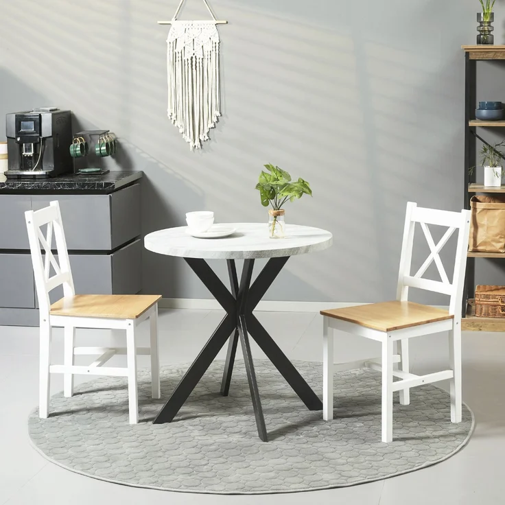 Wohnora-Set aus 2 Esszimmerstühlen aus Massivholz, Küchenstühle im Landhausstil mit weißen und eichenfarbenen Kreuzlehnen,H 860cm x T 965cm x B 465cm,Weiß – Bild 3