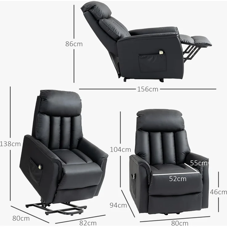 HOMCOM Relaxsessel Elektrischer Aufstehsessel (Fernsehsessel, Sessel mit Aufstehhilfe, Liegefunktion, 1-St, Kunstleder), 80 x 94 x 104 cm, Schwarz – Bild 3