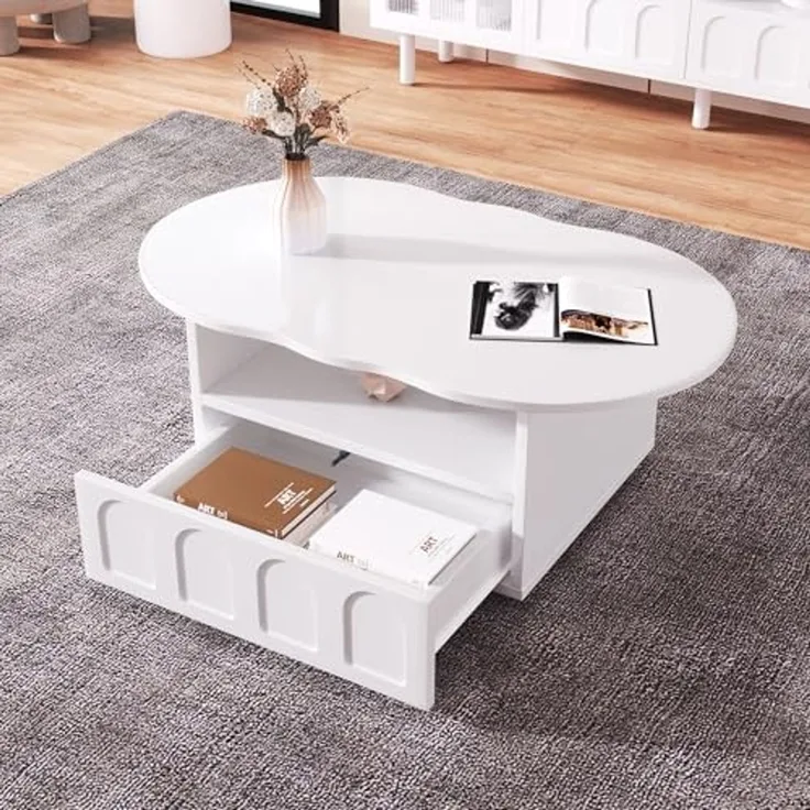 FurnitureR Eleganter Weißer Beistelltisch mit Geschwungenem Design, Moderne Wohnzimmermöbel, Stabiler MDF-Korpus, Vielseitige Einsatzmöglichkeiten für Zuhause und Büro