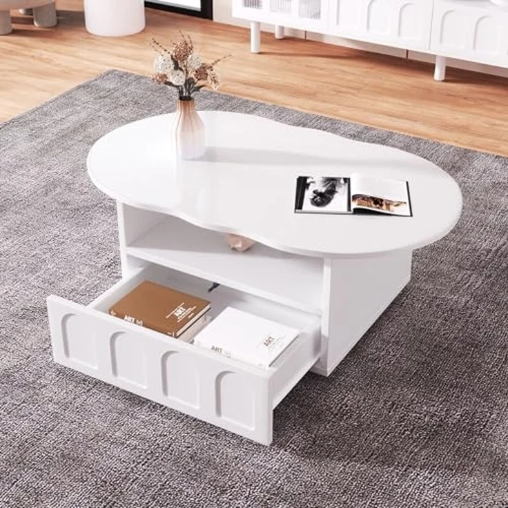 FurnitureR Eleganter Weißer Beistelltisch mit Geschwungenem Design, Moderne Wohnzimmermöbel, Stabiler MDF-Korpus, Vielseitige Einsatzmöglichkeiten für Zuhause und Büro – Bild 1