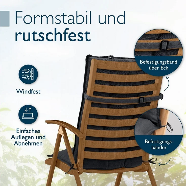 Beautissu Hochlehnerauflage 3er Set Sun-HL Hochlehner Auflage 120x50x8cm Anthrazit, Mit Kopfpolster, rutschfest & robust – Befestigungsbänder, UV 5 – Bild 3