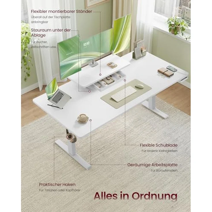 VASAGLE Höhenverstellbarer Schreibtisch, 160x80 cm, flexibel montierbarer Monitorständer, Schublade, USB-C-Anschluss, Erinnerung bei langem Sitzen, für Büro, wolkenweiß LSD156WB01 – Bild 5