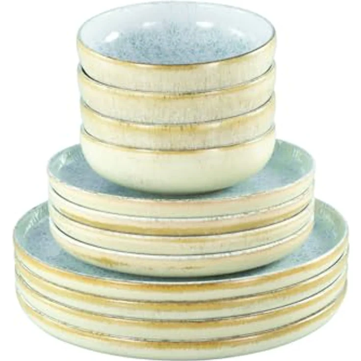 Creatable Tafelservice Uno Emiliana, 12-teiliges Geschirr-Set aus Keramik, creme und hellblau, lebensmittelecht und stapelbar – Bild 2