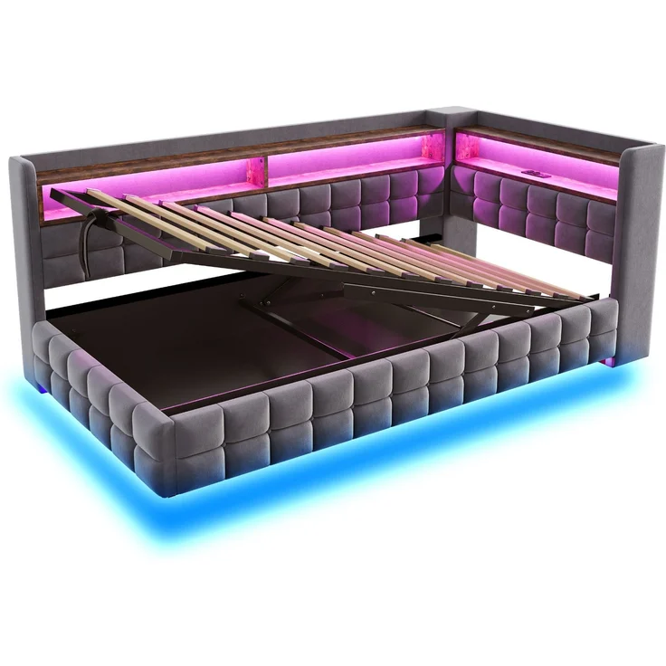 Polsterbett Liegefläche 90×200 cm mit Bettkasten, LED und Steckdose, Grau, ohne Matratze – Bild 10