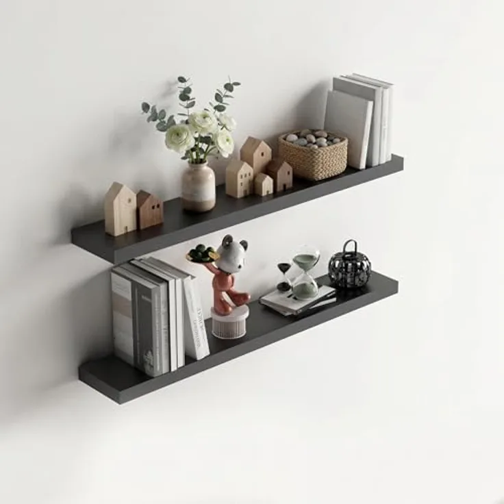 FurnitureR Wandregal 2er Set Schwarz 80x20 cm, Schweberegal mit verdeckter Halterung, Wandboard Holz 80 cm lang, modernes Wandregal für Wohnzimmer Schlafzimmer Küche Flur Büro, Floating Shelf