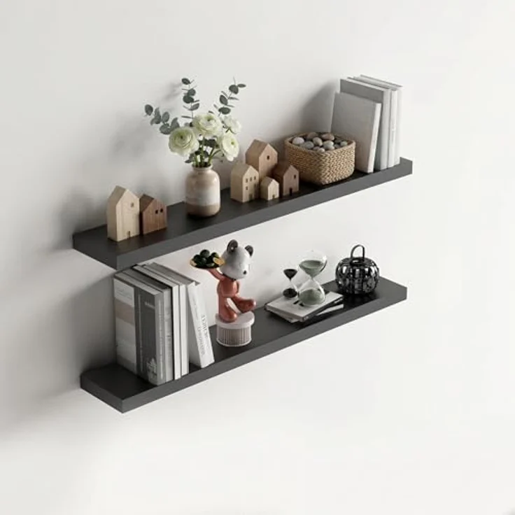 FurnitureR Wandregal 2er Set Schwarz 80x20 cm, Schweberegal mit verdeckter Halterung, Wandboard Holz 80 cm lang, modernes Wandregal für Wohnzimmer Schlafzimmer Küche Flur Büro, Floating Shelf – Bild 1
