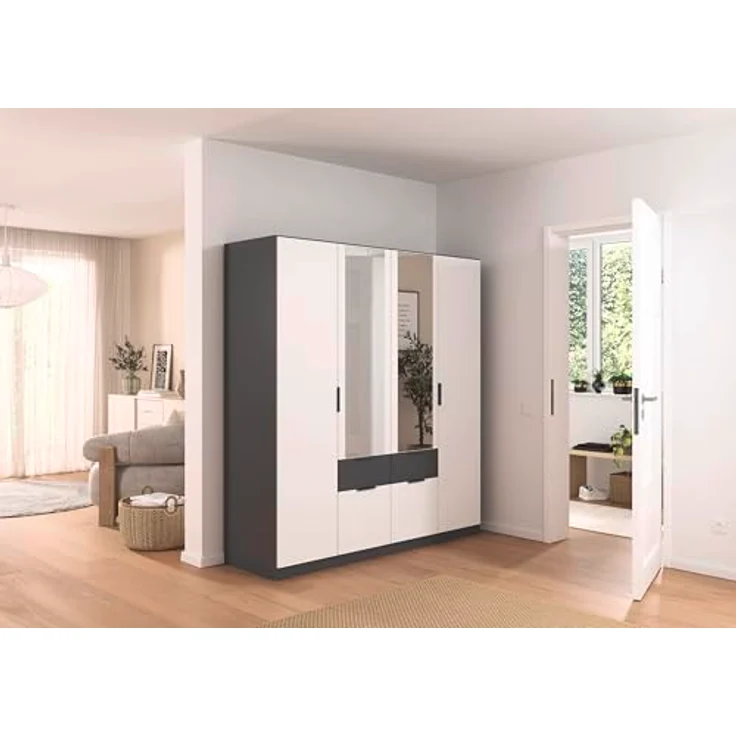 Rauch Möbel Glasgow, Kleiderschrank, Farbe Weiß/Grau metallic, Breite 181cm | Schrank, 4-türig, Spiegel, 4 Schubladen, für Schlafzimmer, Kinderzimmer, Babyzimmer, Garderobe, Flur – Bild 2