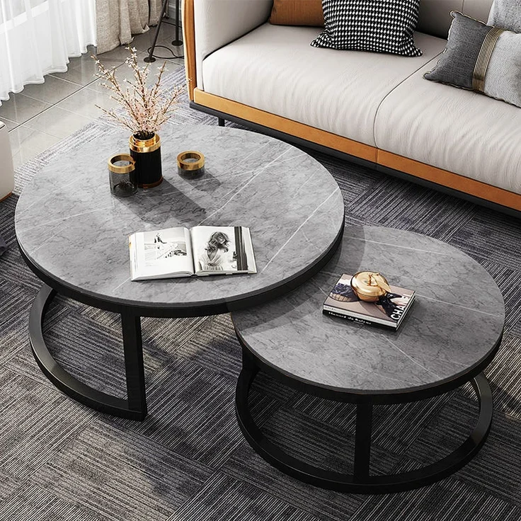 FATIVO 2er Couchtisch Set Rund Wohnzimmertisch aus Sinterstein Beistelltisch Sofatisch Metall 80x80x45cm Grau – Bild 1