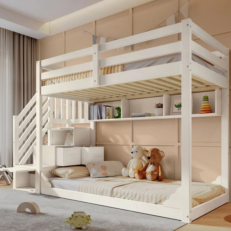 OKWISH Hochbett Bett 90x200 cm mit Treppenschrank und Stauraum, weiß (Etagenbett, 1-St, für Geschwister mit Sicherheitsgeländer und Ablagefächern) platzsparendes Holz Kinderbett (ohne Matratze) – Bild 2