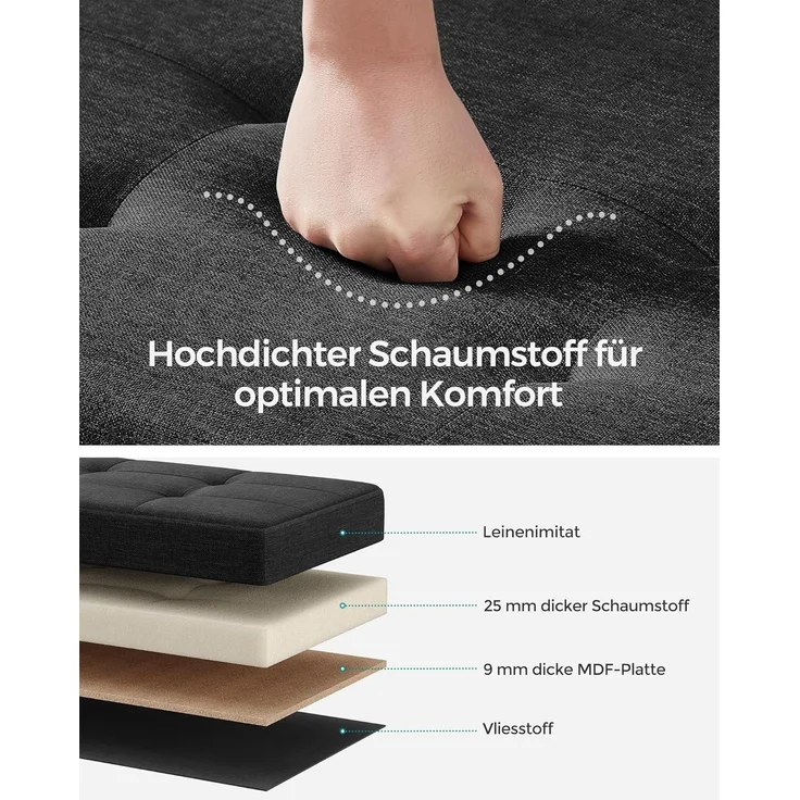 Songmics Sitzbank mit Stauraum, Schuhbank, klappbare Sitztruhe, Aufbewahrungsbox, Fußbank, 38 x 110 x 40 cm, für Wohnzimmer, Schlafzimmer, tintenschwarz LSF018B11 – Bild 4